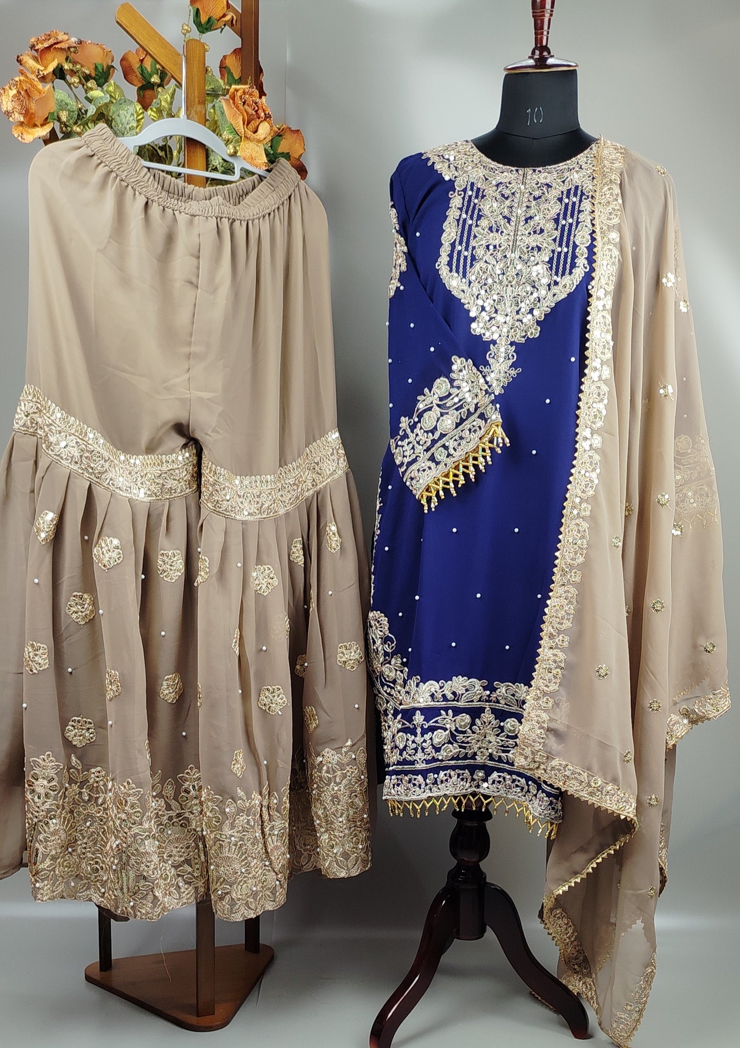 Grey and Navy Blue Georgette Heavy Work Designer Party Wear Suit