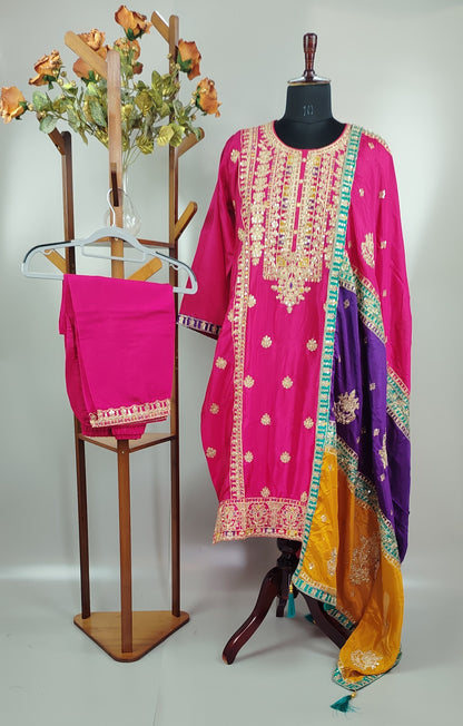 Pink Chinon Embroidered Work Party Wear Suit