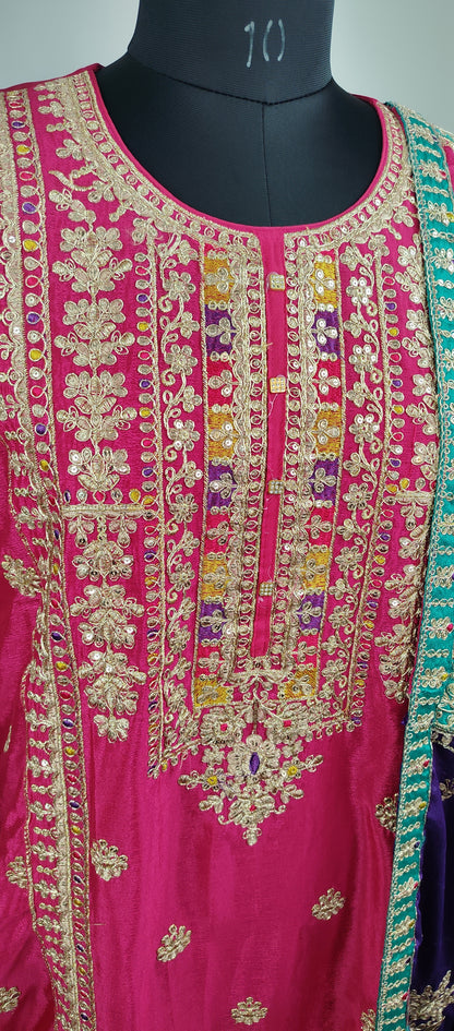 Pink Chinon Embroidered Work Party Wear Suit