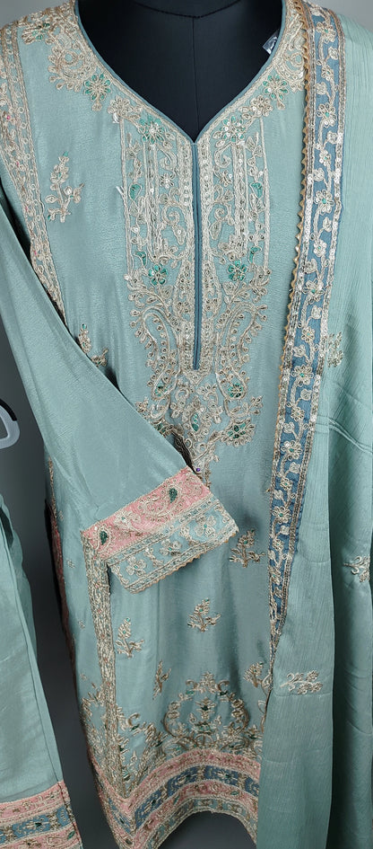 Pista Green Simar Silk Party Wear Designer Suit