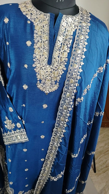 Blue Chinon Heavy Designer Party Wear Suit