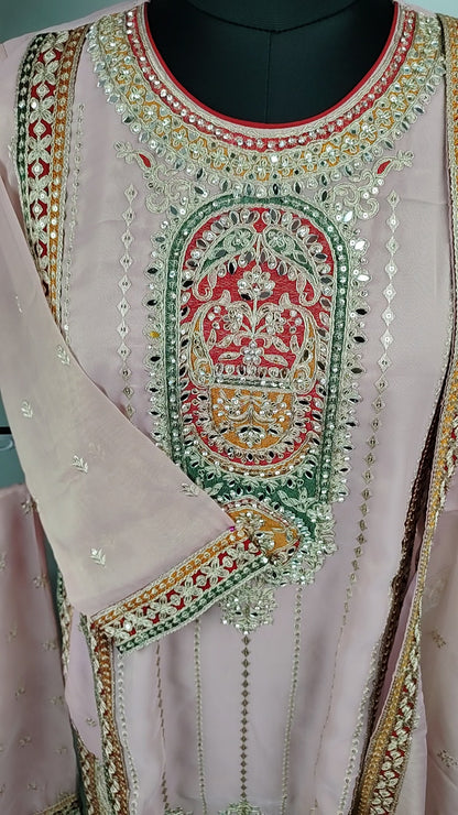 Light Pink Shimmer Organza with Embroidery and Mirror Work Designer Party Wear Suit