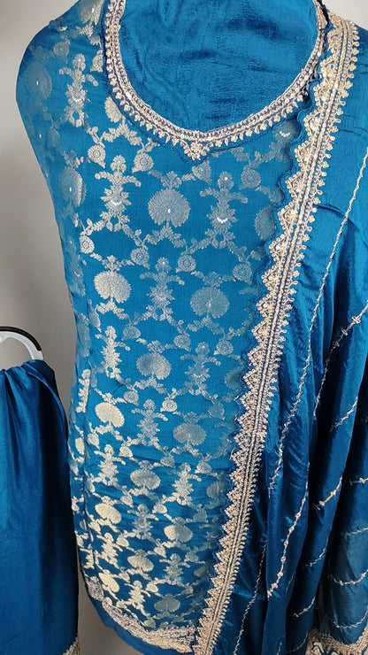 Blue Chinon Jacquard Heavy Designer Party Wear Suit