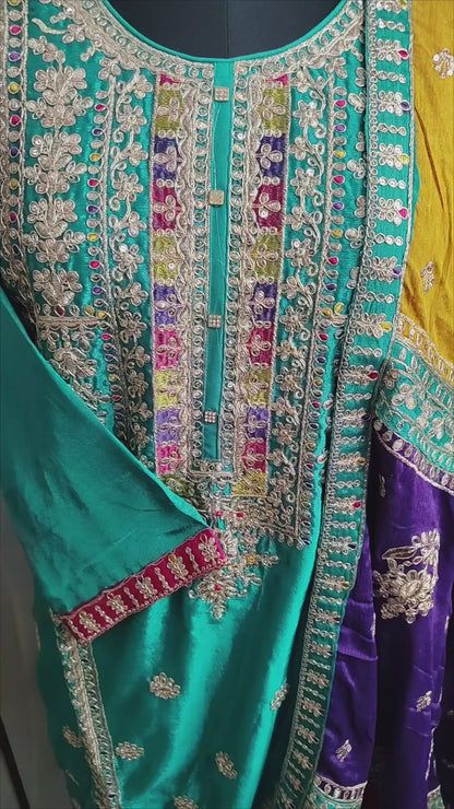 Green Chinon Embroidered Work Party Wear Suit