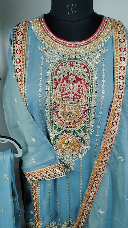 Sky Blue Shimmer Organza with Embroidery and Mirror Work Designer Party Wear Suit
