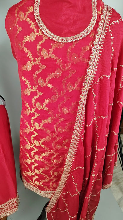 Red Chinon Jacquard Heavy Designer Party Wear Suit