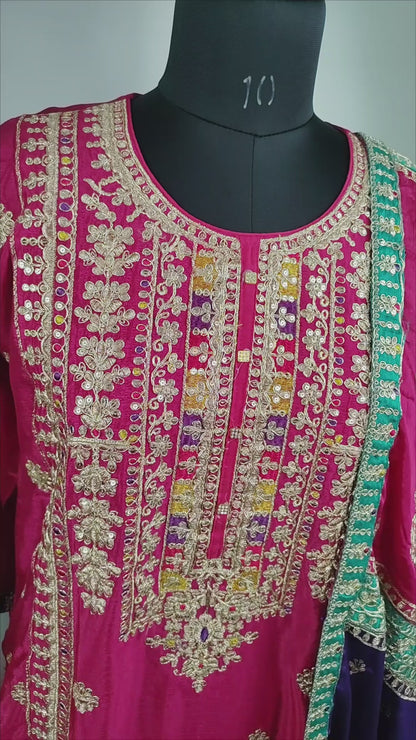 Pink Chinon Embroidered Work Party Wear Suit