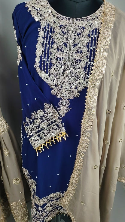 Grey and Navy Blue Georgette Heavy Work Designer Party Wear Suit