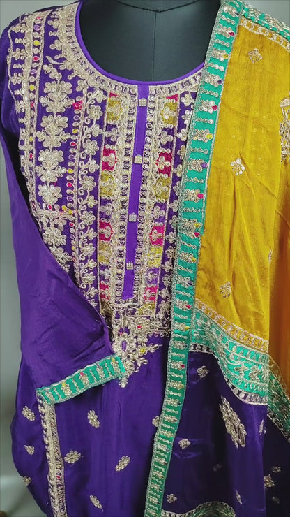 Purple Chinon Embroidered Work Party Wear Suit