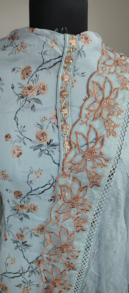 Sky Blue Organza Cutwork Pakistani Suit