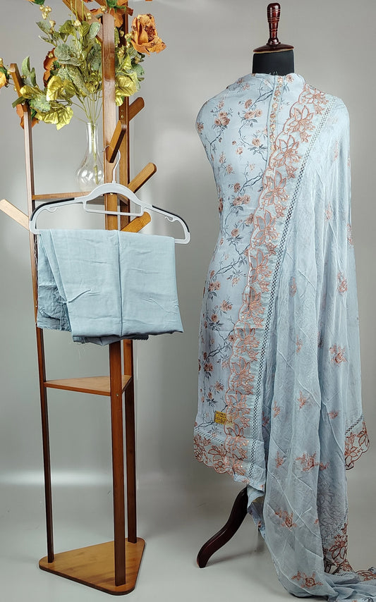 Sky Blue Organza Cutwork Pakistani Suit