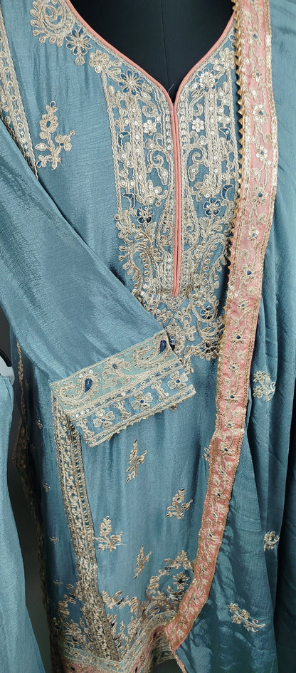 Sky Blue Simar Silk Party Wear Designer Suit