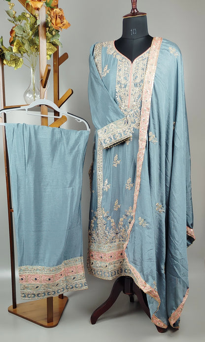 Sky Blue Simar Silk Party Wear Designer Suit